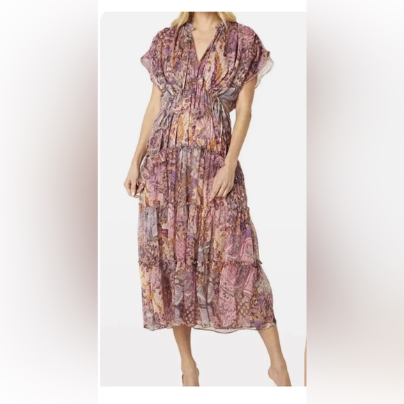 MISA Los Angeles Ilya Pink Floral Chiffon Midi Floaty Boho Dress